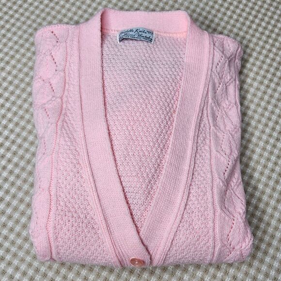 Cuddle Knit Wintuk Pink V Neck Button Up Open Knit Cardigan Sweater Vintage 60s - Picture 3 of 10